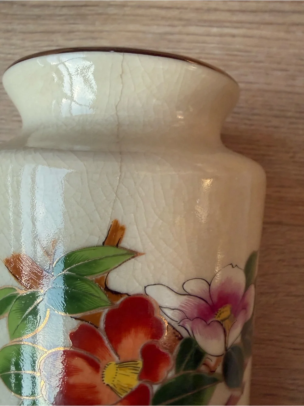 Vintage Japanese Kutani Satsuma Style Vase 11” Crackle Glaze Birds & Camellias - Picture 6 of 9